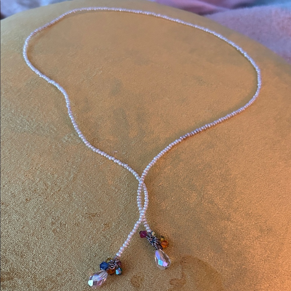 Elegant Pearl Beaded Lasso Necklace with Crystal Accents. Made in Hawaii